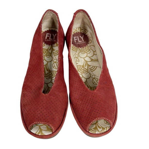 FLY LONDON Yury Peep Toe Orange perforated Suede Wedge Sandal Size 36/6 - Picture 3 of 8